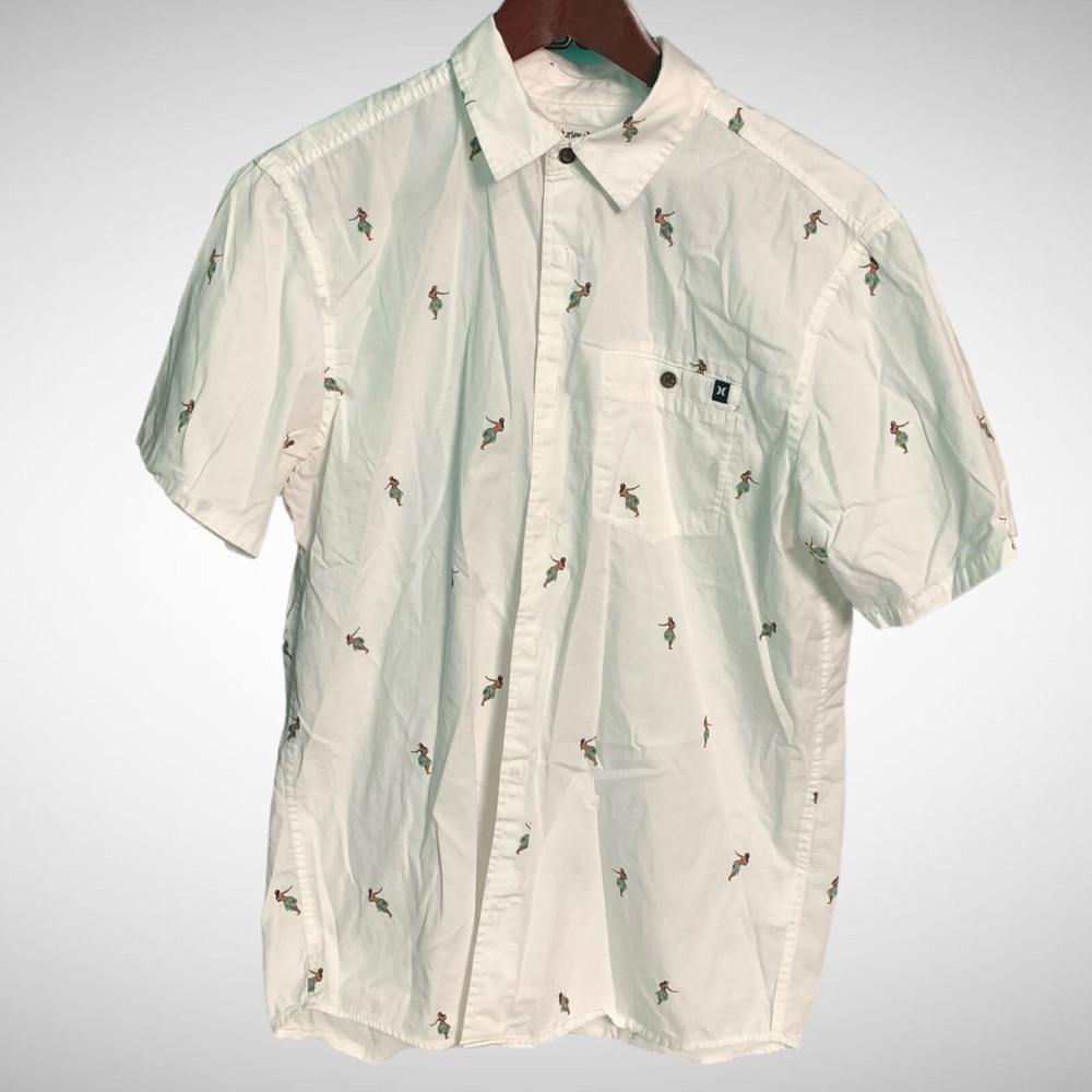 Hurley Shirt Mens Small Short Sleeve White Button Up Hula Girl Print Pre Owned